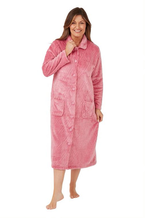 Marlon Button Front Dressing Gown in Herringbone Embossed Effect Supersoft Fleece