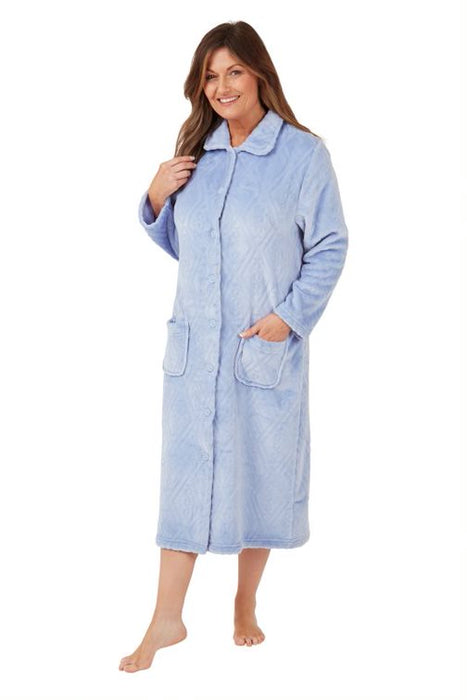 Marlon Button Front Dressing Gown in Herringbone Embossed Effect Supersoft Fleece